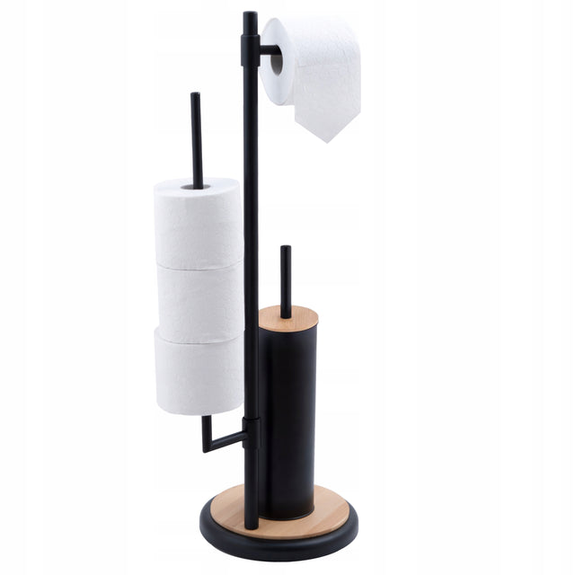 Stojak na papier toaletowy szczotka do WC toalety czarna loft bambus uchwyt zestaw łazienkowy wolnostojący metalowy beżowy 70,5 cm