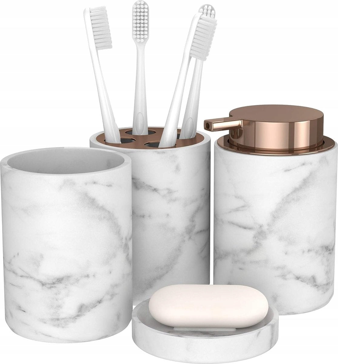 Duży zestaw łazienkowy 4w1 marmur Marble + Miedz akcesoria do łazienki, dozownik na mydło, kubek na szczoteczki