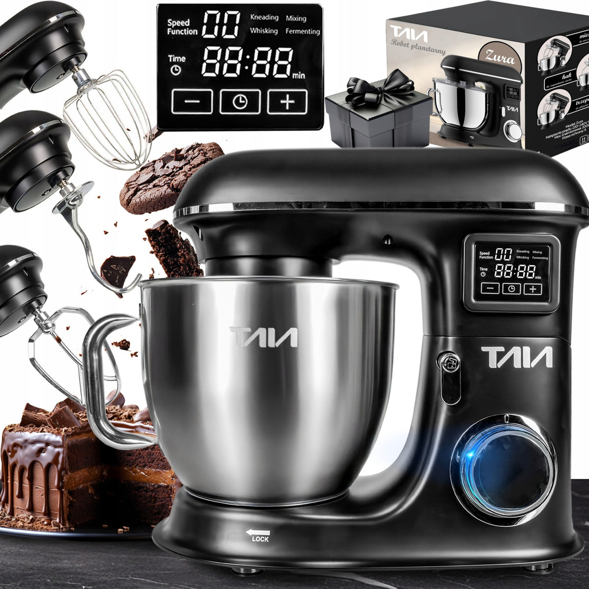 Mocny robot planetarny taia zura kuchenny 2000W duża misa 6,5l LED zestaw czarny