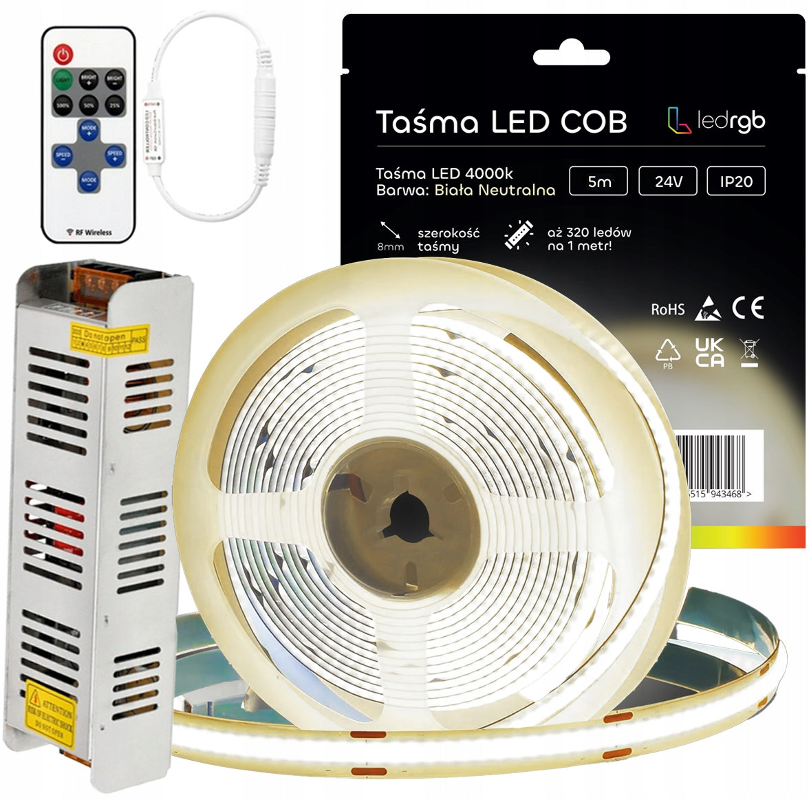 Zestaw Taśma LED Neon COB 24V 5m 4000K biała neutralna zasilacz 60W pilot światło liniowe do podświetlenia mebli, wnęk