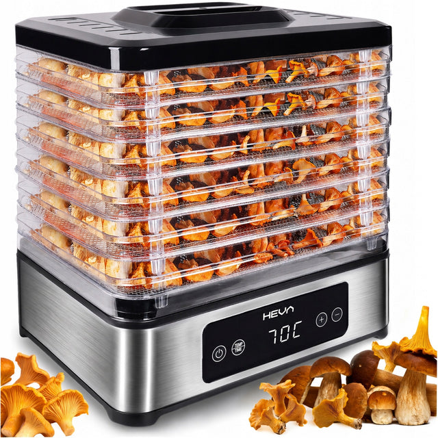 Suszarka do grzybów owoców 450W +6 SIT ze stali +atest PZH +timer regulacja Dehydrator do warzyw i ziół, 12 l, panel dotykowy, LED, 35–70°C