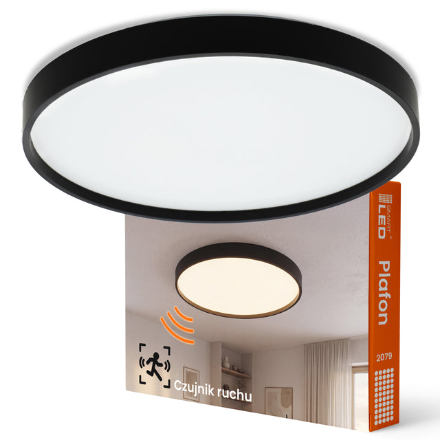 Lampa sufitowa LED Plafon z Czujnikiem Ruchu Mikrofalowy Regulacja 30W 40cm czarna okrągła oprawa z wbudowanym źródłem światła