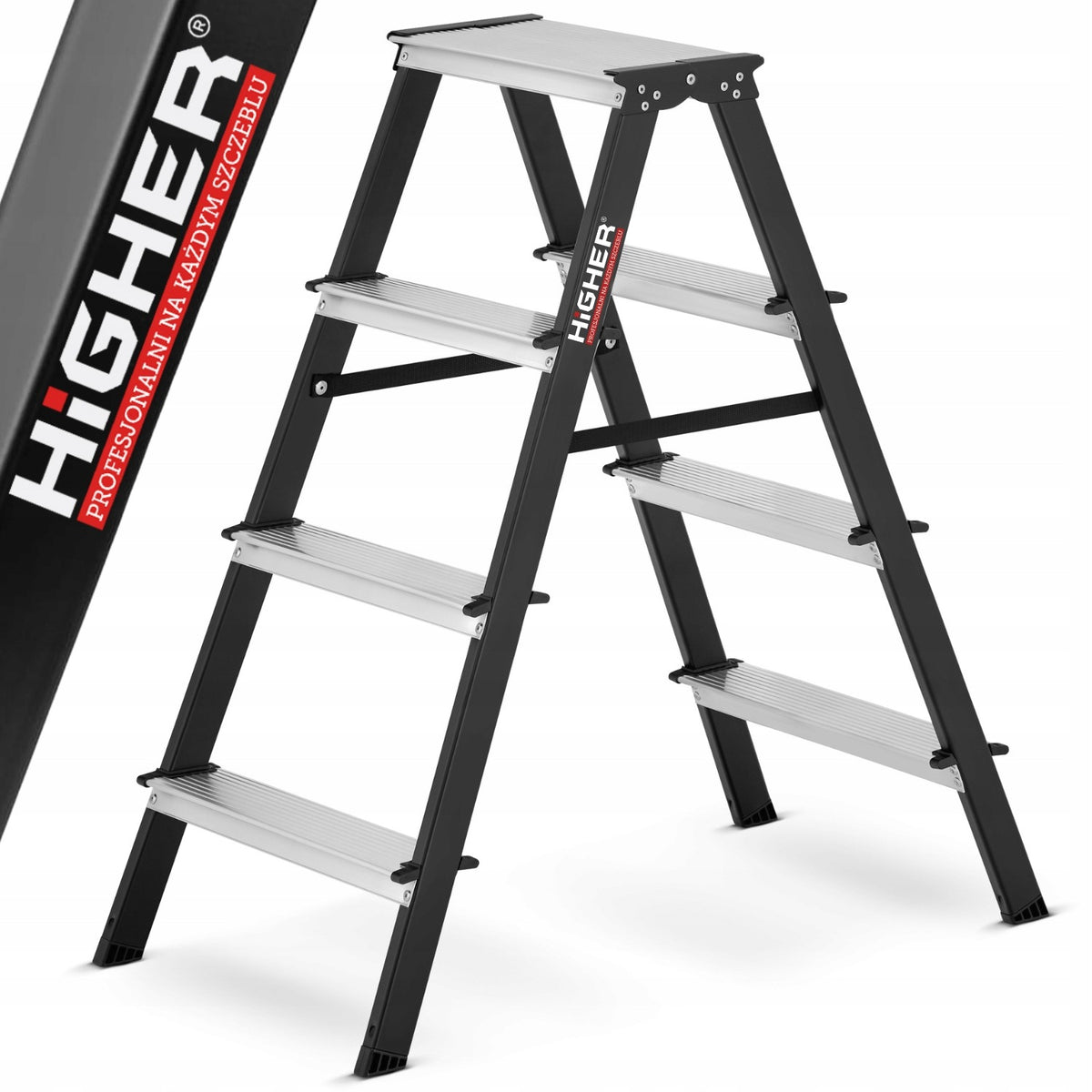 Drabina drabinka domowa 2x4 dwustronna składana mocna 150 kg higher schodki stalowa, podest 81 cm, wysokość robocza