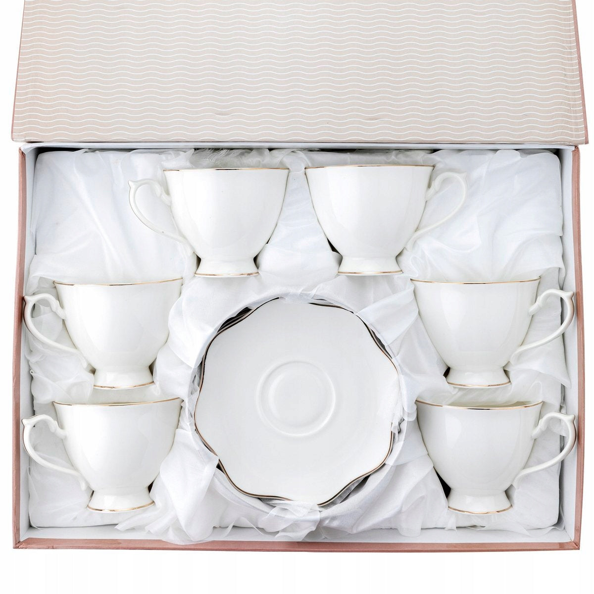 KOMPLET KAWOWY ZESTAW FILIŻANKI FLORINA ZE SPODKIEM LIRIC 210ML 12el 6sos porcelanowe, białe w paski, serwis dla 6 osób