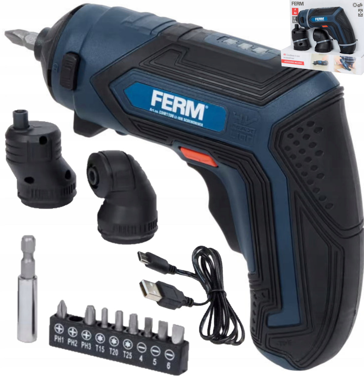 WKRĘTARKA AKUMULATOROWA LED FERM 4V CDM1198 MAŁA PORĘCZNA + GŁOWICE + BITY wkrętak elektryczny do montażu mebli