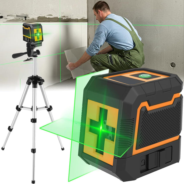 Poziomica laserowa 4D płaszczyznowa 360 laser PRO zielony +statyw do drzwi niwelator krzyżowy, zasięg 24 m, klasa szczelności IP54