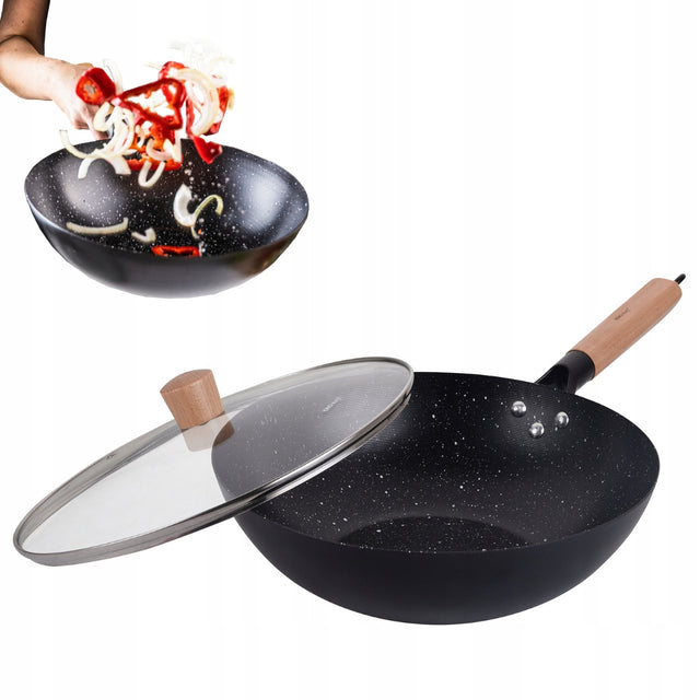 WOK 30 cm z pokrywką KINGHoff KH1984 stal węglowa nieprzywierająca Indukcja patelnia głęboka do smażenia, nienagrzewające się uchwyty do stir fry