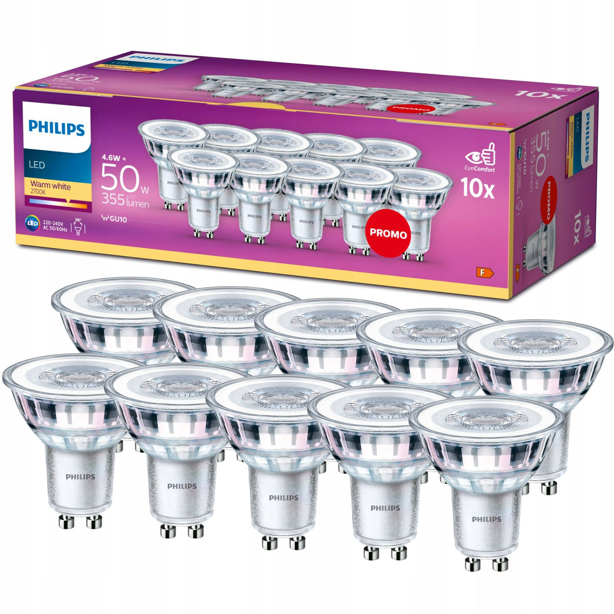 Żarówka LED GU10 philips 4.6W = 50W 355lm 2700K ciepła 36° premium 10 szt. reflektorowa do spotów i opraw sufitowych