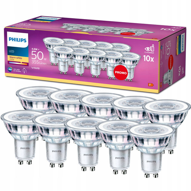 Żarówka LED GU10 philips 4.6W = 50W 355lm 2700K ciepła 36° premium 10 szt. reflektorowa do spotów i opraw sufitowych, zamiennik halogenu