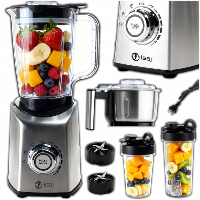 Blender kielichowy duży smoothie 4w1 + młynek + 2 bidony + stal inox isaj