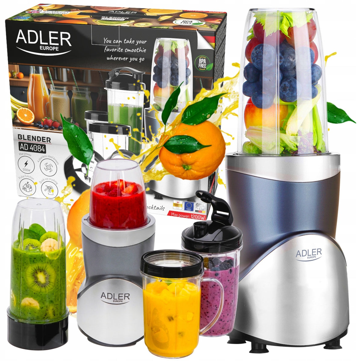 Blender kielichowy do smoothie koktajli 1200W 4 bidony butelki 4w1 srebrny