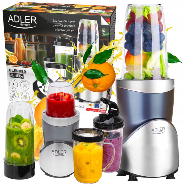 Blender kielichowy do smoothie koktajli 1200W 4 bidony butelki 4w1 srebrny