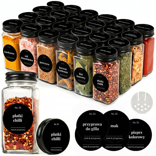 24 Szklane słoiczki na przyprawy pojemniki do szuflady z naklejkami małe produkty sypkie, 120 ml, etykiety, zmywarka, mikrofalówka, mrożenie