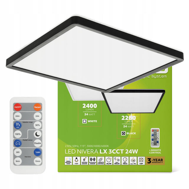 Lampa LED Plafon Czujnik Ruchu 24W Oprawa Zewnętrzna IP54 kwadratowa czarna, zintegrowane źródło światła, zmienna barwa światła