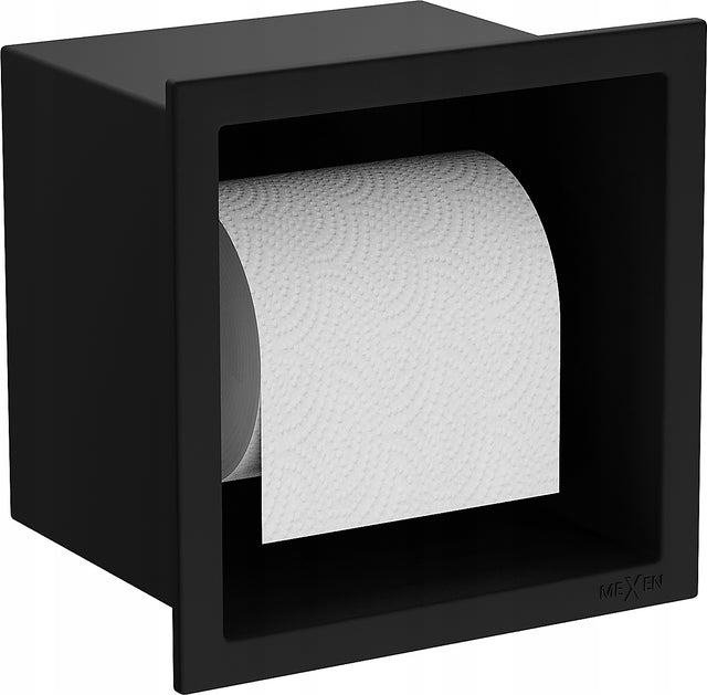 Uchwyt na papier toaletowy wnękowy podtynkowy Mexen X-Wall-P czarny wieszak na rolkę, akcesorium łazienkowe do montażu w ścianie 16,2 cm