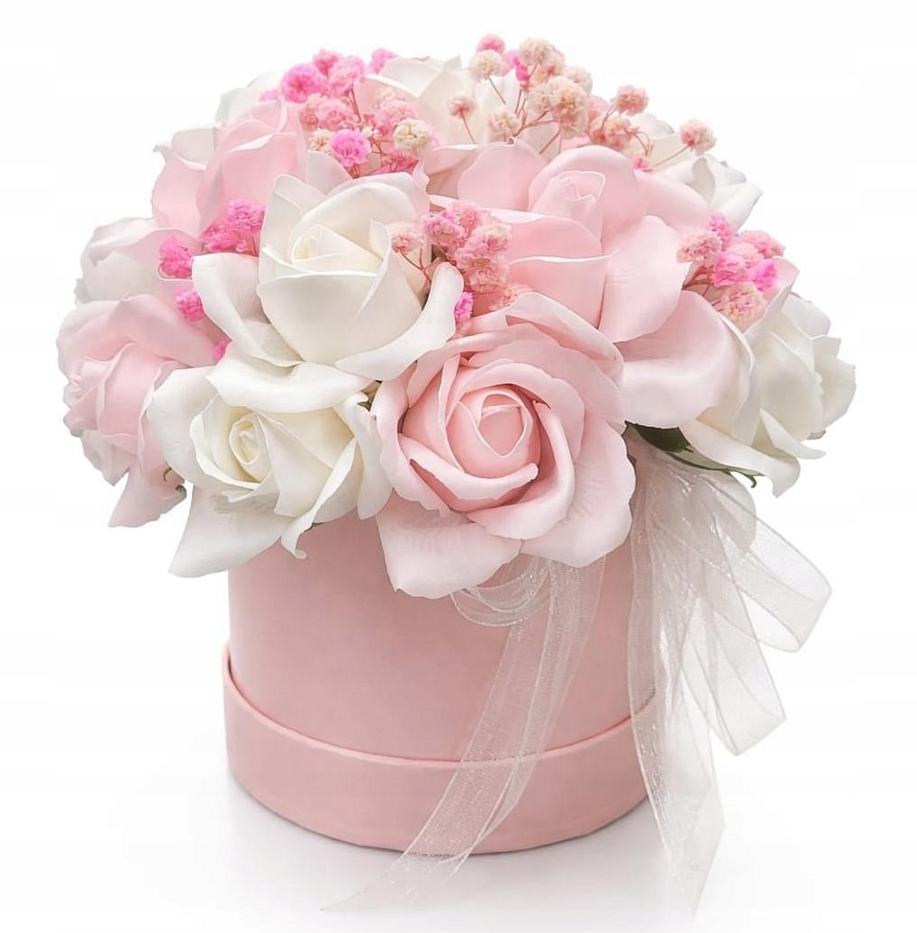 Flowerbox z różami mydlanymi prezent upominek kwiaty mydlane gipsówka kompozycja dekoracyjna na Dzień Matki, 23 cm