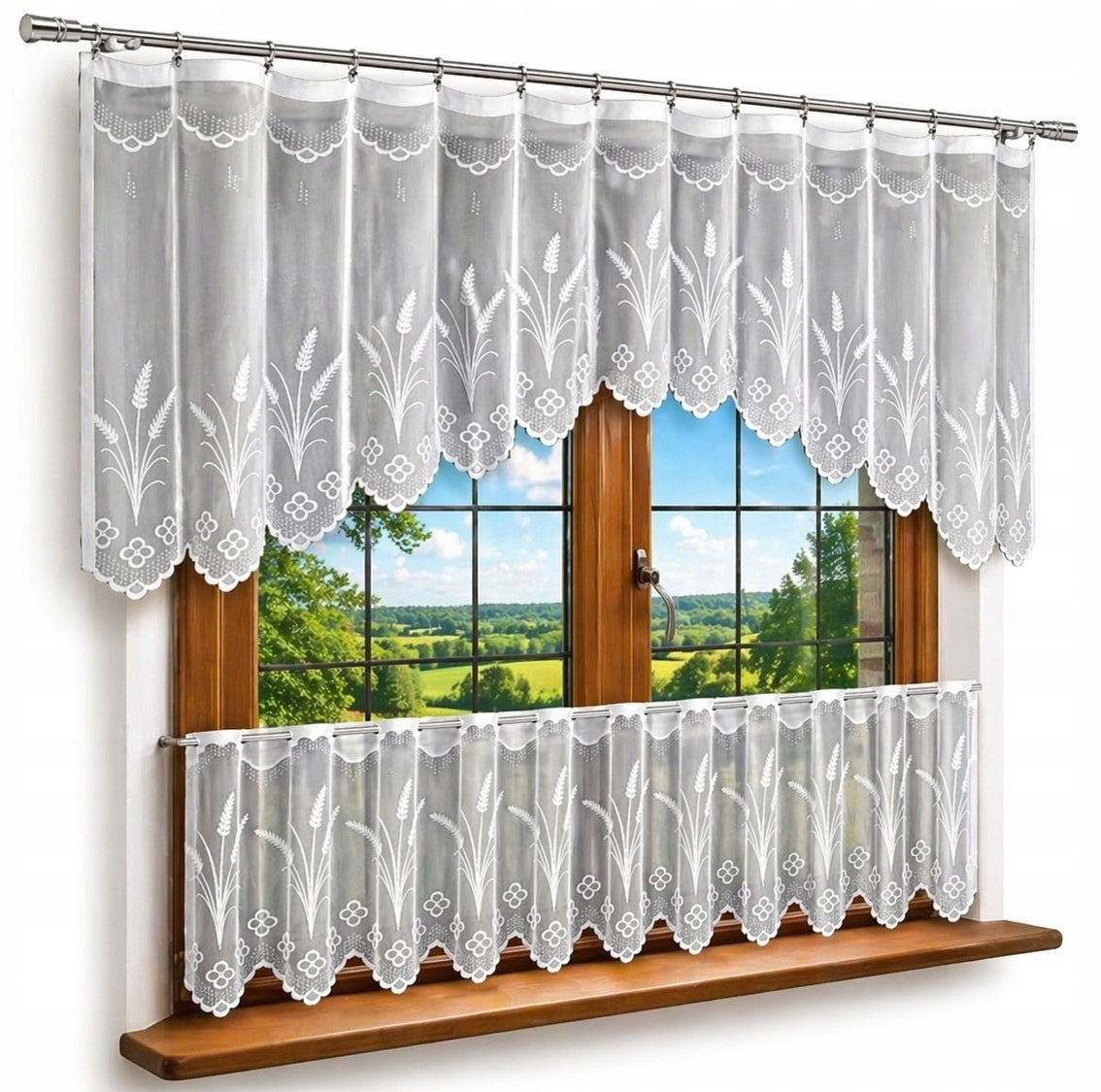 Firany firanki komplet z zazdrostka do kuchni 300x80+300x45 xzikox biała woalowa dekoracja okienna, gładka, zawieszana