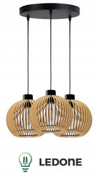 LAMPA WISZĄCA SUFITOWA DREWNIANA ŻYRANDOL POTRÓJNA REGULOWANA 3 KLOSZE oprawa do kuchni salonu jadalni, 3x E27, do 60 W