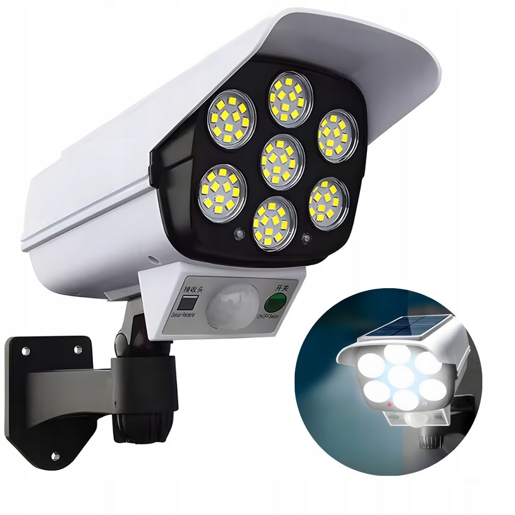 LAMPA SOLARNA LED Z CZUJNIKIEM RUCHU I ATRAPĄ KAMERY oświetlenie ogrodowe, imitacja monitoringu, zimne białe światło