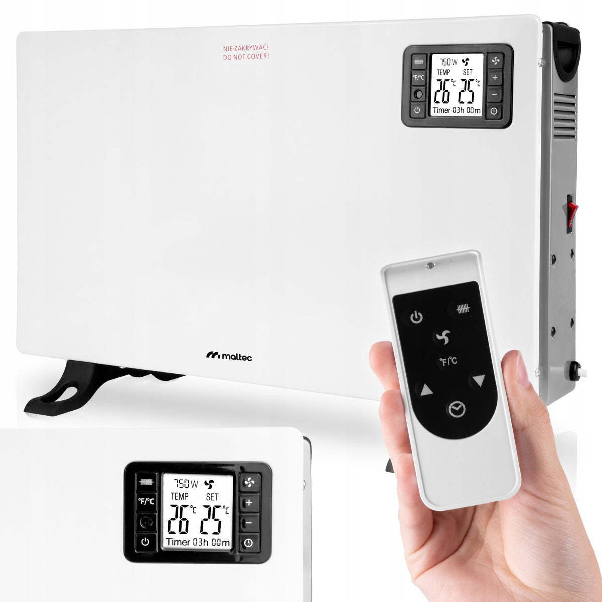 GRZEJNIK ELEKTRYCZNY KONWEKTOROWY TIMER TERMOSTAT PILOT MOCNY 2000W TURBO 590 mm 375 mm grzewcza biały