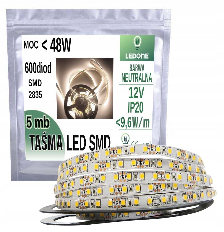 Taśma LED 2835 SMD 120 /m 5m ledy listwa neutralna dzienna biała oświetlenie do wnętrz 12V DC IP20 48W