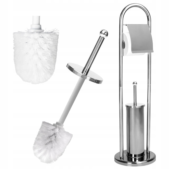 Stojak uchwyt na papier + szczotka do WC zestaw stabilny wytrzymały modny do łazienki wolnostojący metalowy szary 80 cm z włosiem syntetycznym