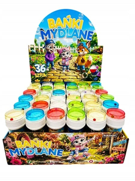 Tradycyjne kolorowe bańki mydlane 60 ML pojemności urwisy display 36 sztuk płyn do zabawy na dworze, dla dzieci od 3 lat zestaw do puszczania bąbelków