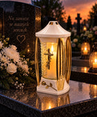 Znicz Szkalny Zn-184 Biały Domek Złote Boki 29 CM lampion nagrobny, na cmentarz, parafinowy, do 40 godzin palenia