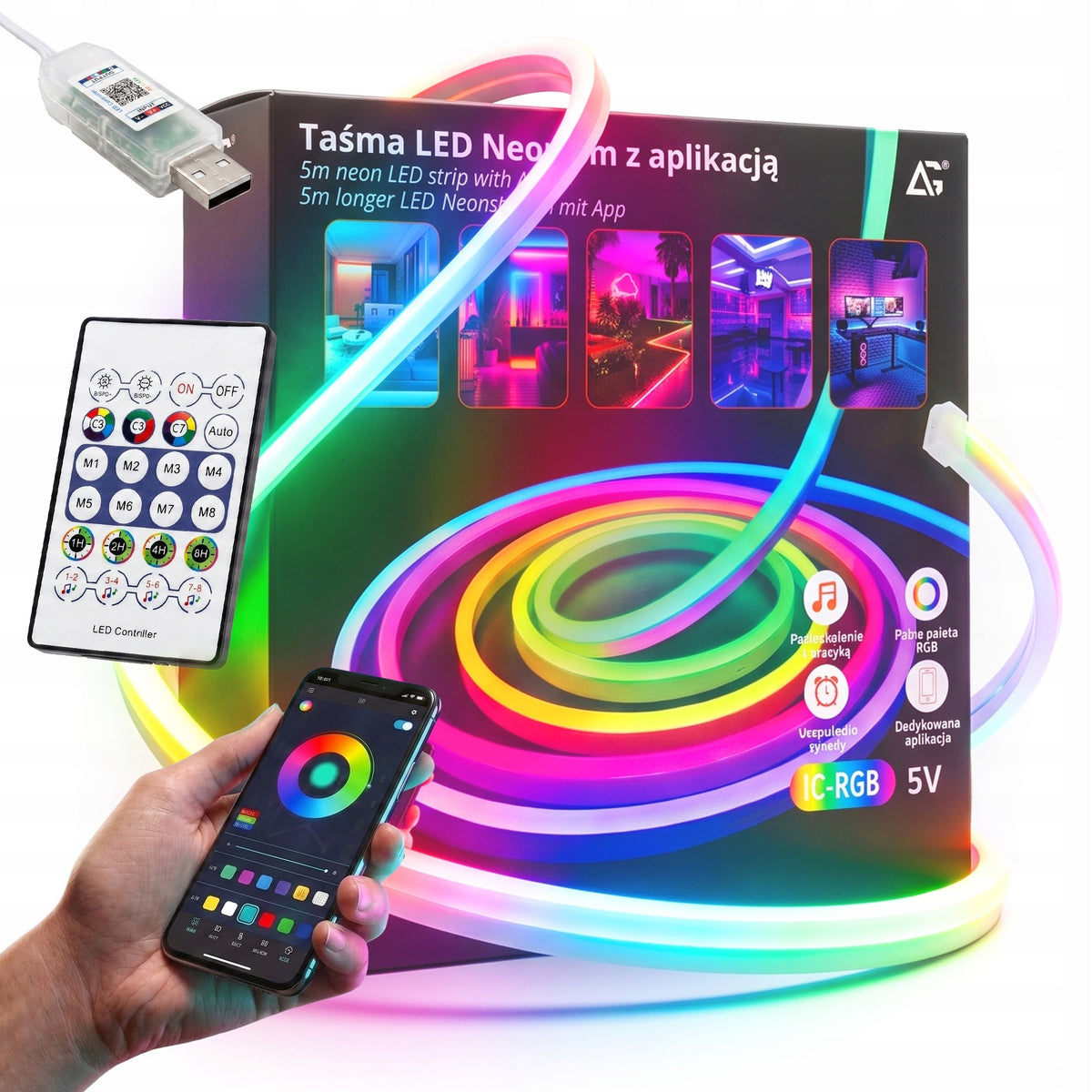 Taśma LED RGB neon 5m aplikacja bluetooth USB elastyczna wodoodporna +pilot oświetlenie dekoracyjne, zmienna barwa