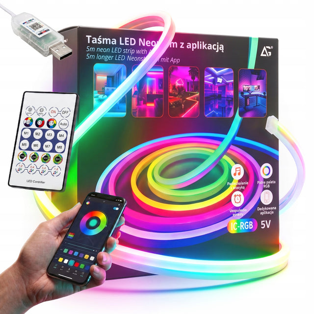 Taśma LED RGB neon 5m aplikacja bluetooth USB elastyczna wodoodporna +pilot oświetlenie dekoracyjne, zmienna barwa, ściemnianie IP67 5V