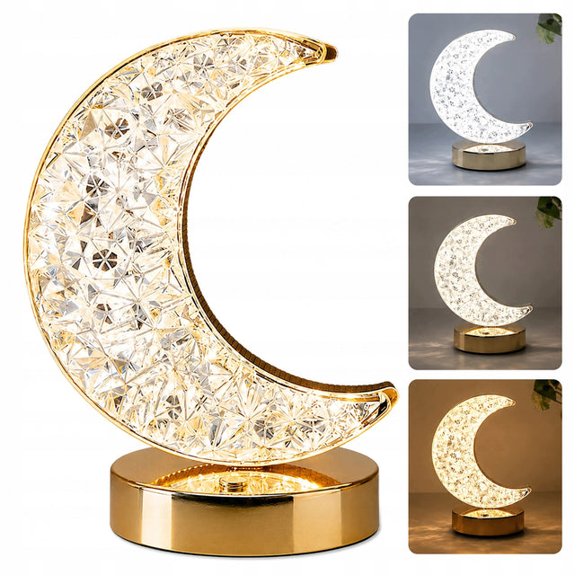 Lampka Nocna Kryształowa LED Księżyc Lampa Stołowa dekoracja do sypialni, ozdoba na szafkę, żółta, zasilanie akumulatorowe, wysokość 10 cm