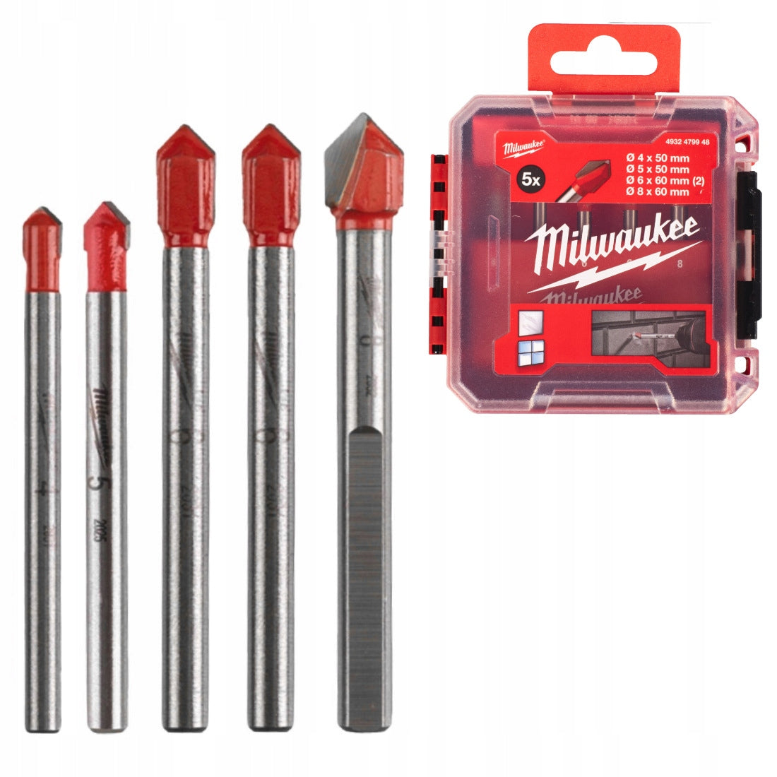 Wiertła do ceramiki i szkła 4-8 mm w pudełku (5 szt.) Milwaukee 4932479948 glazury, płytek, spiralne, chwyt