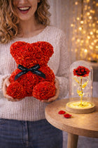 Zestaw prezentowy wieczna róża w szkle LED miś z róż w pudełku flower box ozdoba walentynkowa 26 cm dekoracja świetlna
