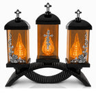 Duży Znicz Premium Potrójny Czarny Srebrny 39cm Krzyż Róże Na Grób Efekt 3D lampion nagrobny led, światło cmentarne