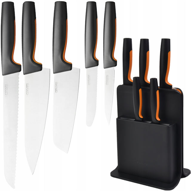 Fiskars zestaw komplet noży 5x NÓŻ szefa kuchni do chleba obierania warzyw blok kuchenny, akcesoria kuchenne, krojenie pieczywa, przygotowanie