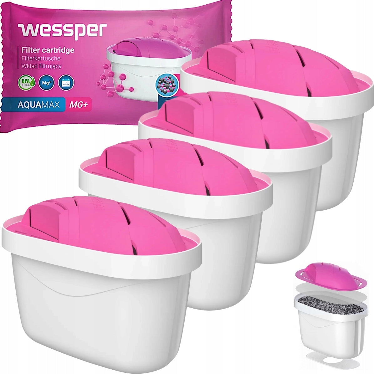 4x filtr wessper magnez aquamax MG+ aqua MAX do wody do dzbanka brita dafi biały