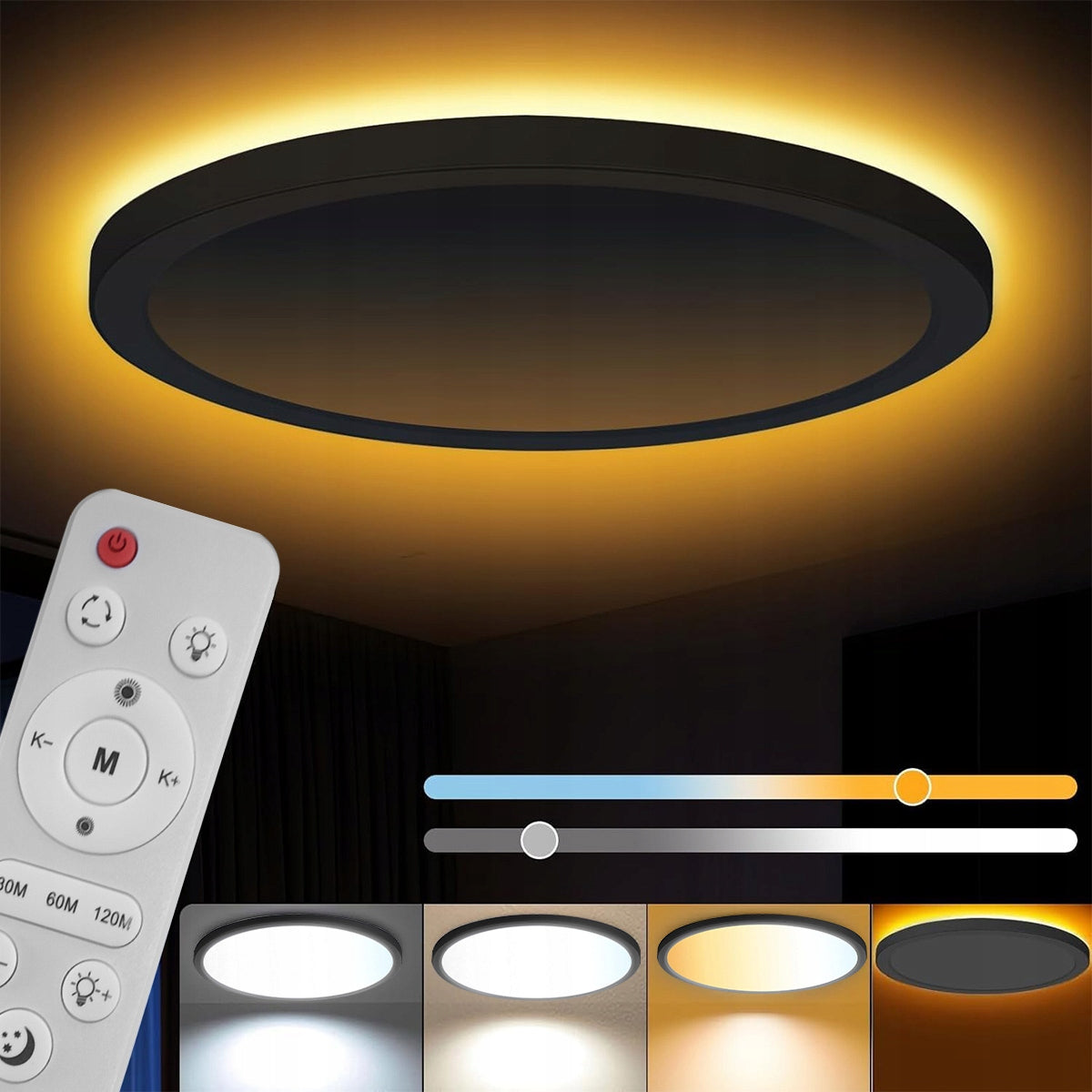 Lampa sufitowa LED plafon panel natynkowy okrągły mocny 24W pilot 29cm duży oprawa do salonu i sypialni, wielobarwne
