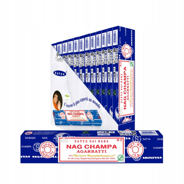 Kadzidełka Nag Champa 12 opakowań Satya 180g Flat Display 2026 Agarbatti, incense sticks, zapach drzewno-kwiatowy do domu