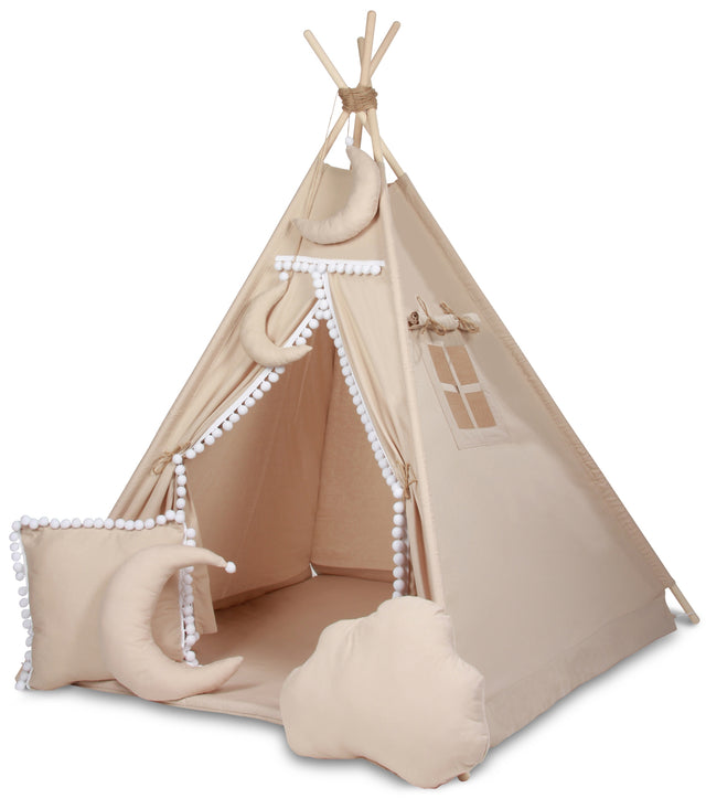 Namiot tipi wigwam z matą+5poduszeczek przytulanek domek do zabawy, kącik czytelniczy, kryjówka dla malucha, beżowy baza dla niemowlaka, namiot