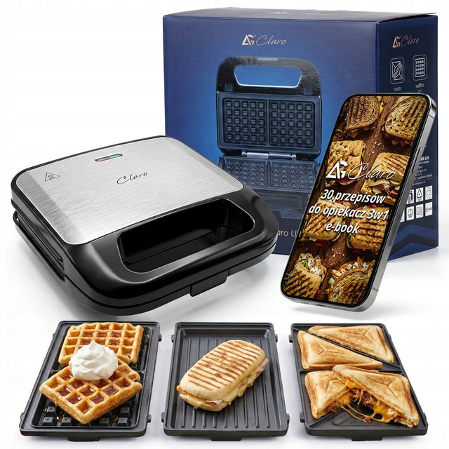 Opiekacz do kanapek i panini grill toster elektryczny gofrownica 3W1 mocny nominalna czarny