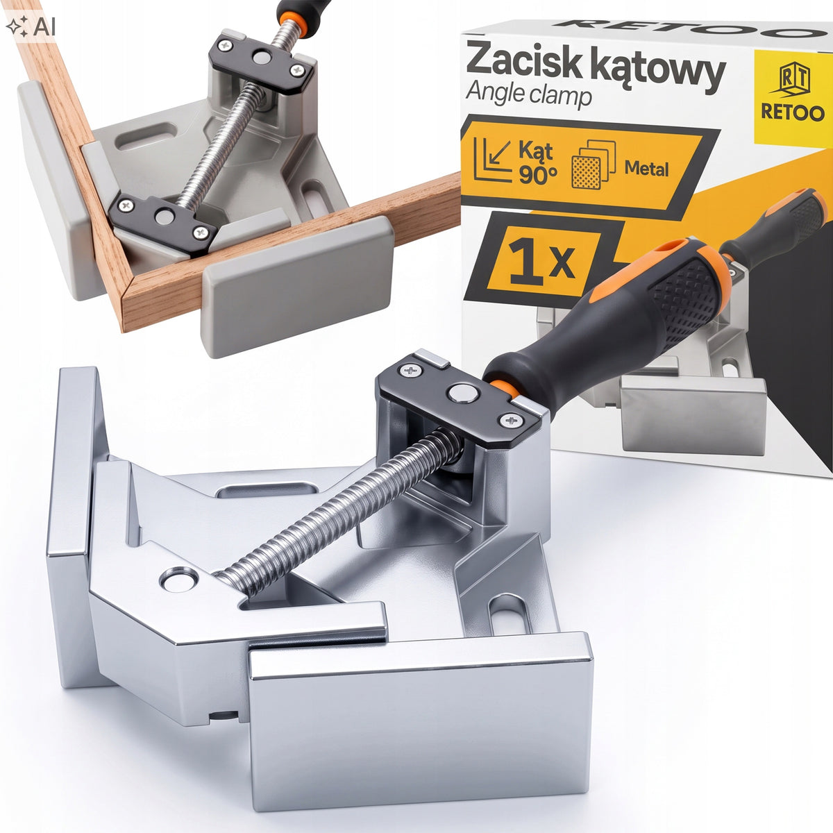 ŚCISK STOLARSKI KĄTOWY ZACISK IMADŁO NAROŻNE KĄT 90 MONTAŻOWY METAL UCHWYT do ustawiania elementów, rozstaw szczęk 68