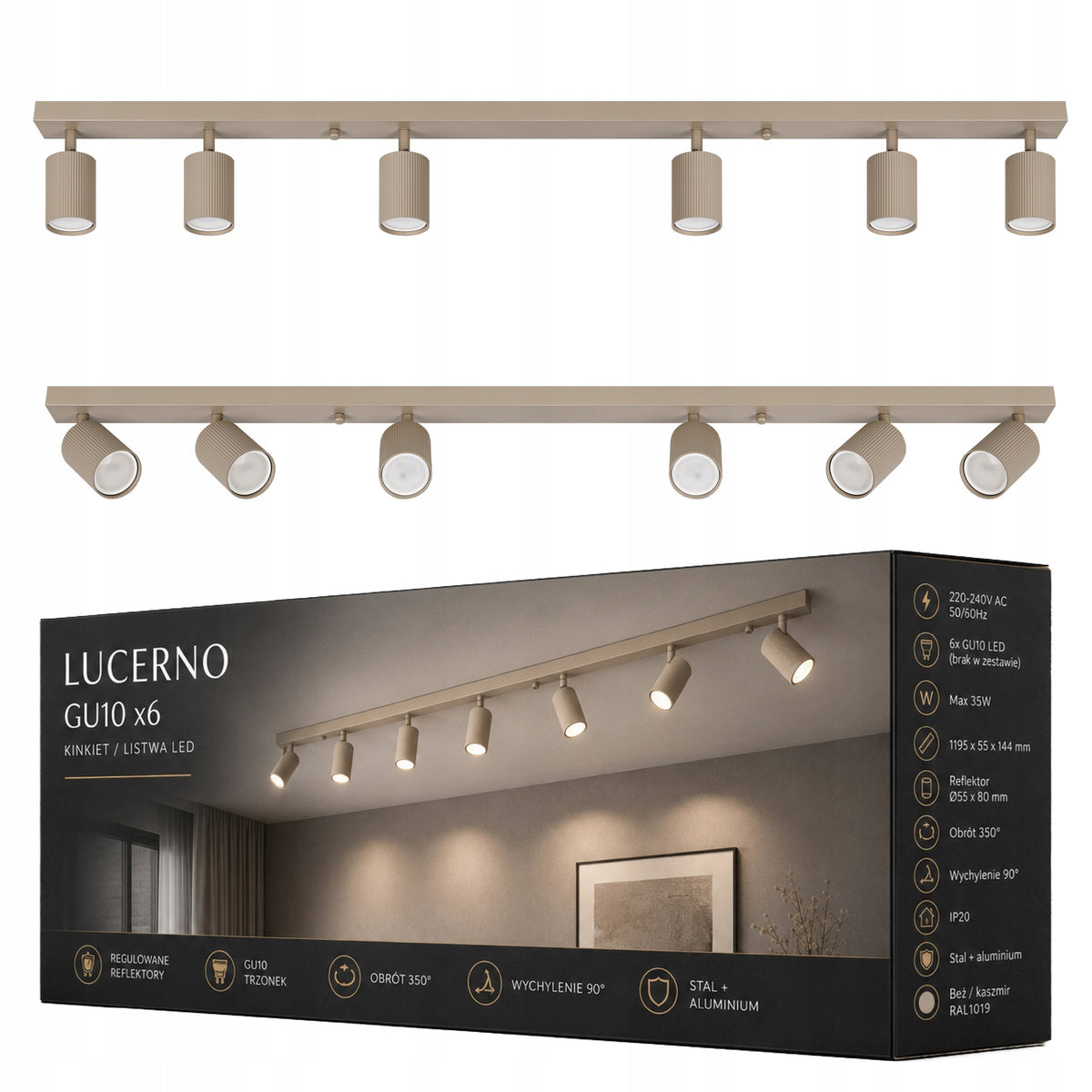 LAMPA SUFITOWA 6x GU10 wisząca żyrandol kinkiet Beżowa Kaszmir ryflowana oprawa punktowa prostokątna do wnętrz, 35 W na
