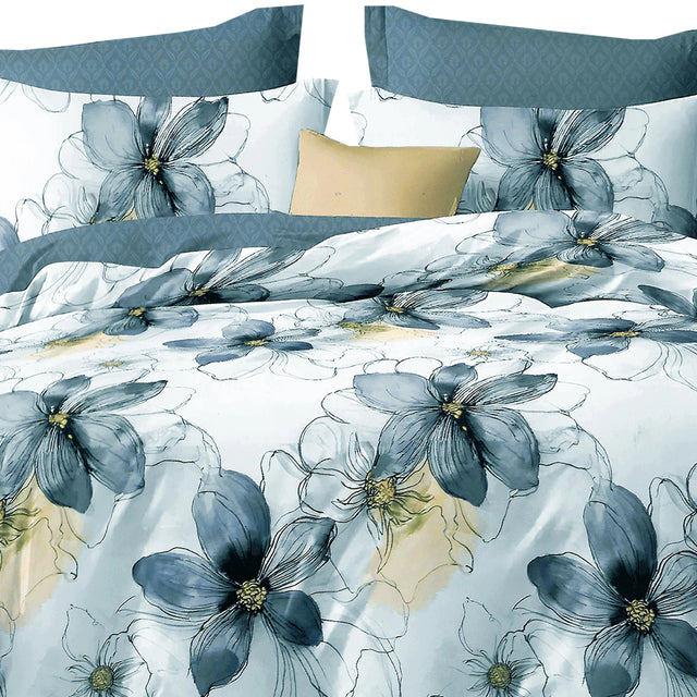 Pościel Flanelowa w Kwiaty Akwarela Stalowo Niebieska 3cz Bella 200x220 poszwa na kołdrę i poszewki 70x80 cm, zamek błyskawiczny