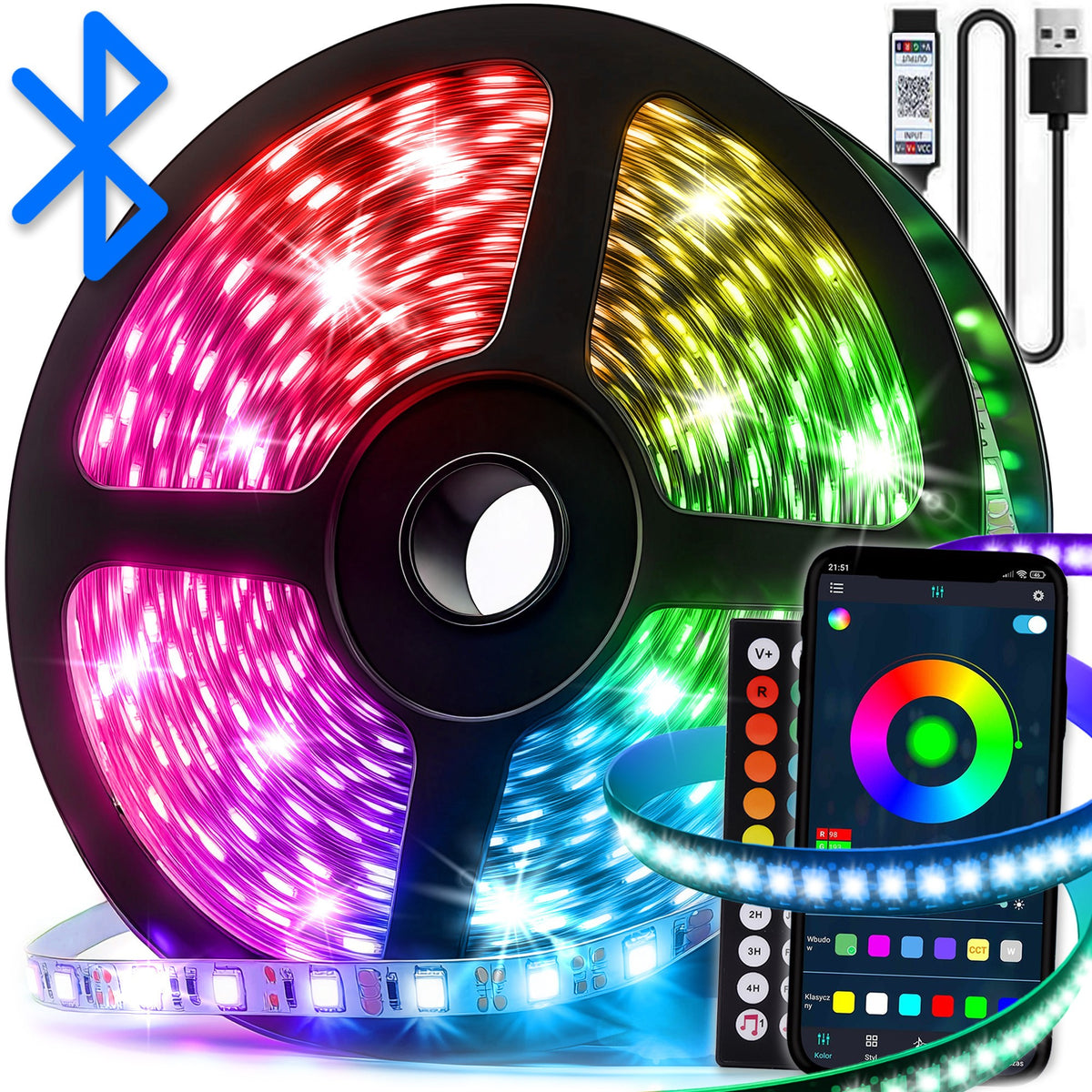Taśma LED RGB 5m Ledy 5050 Listwa 5V kolorowa na pilota + aplikacja oświetlenie dekoracyjne do pokoju i wnętrz 12V 900