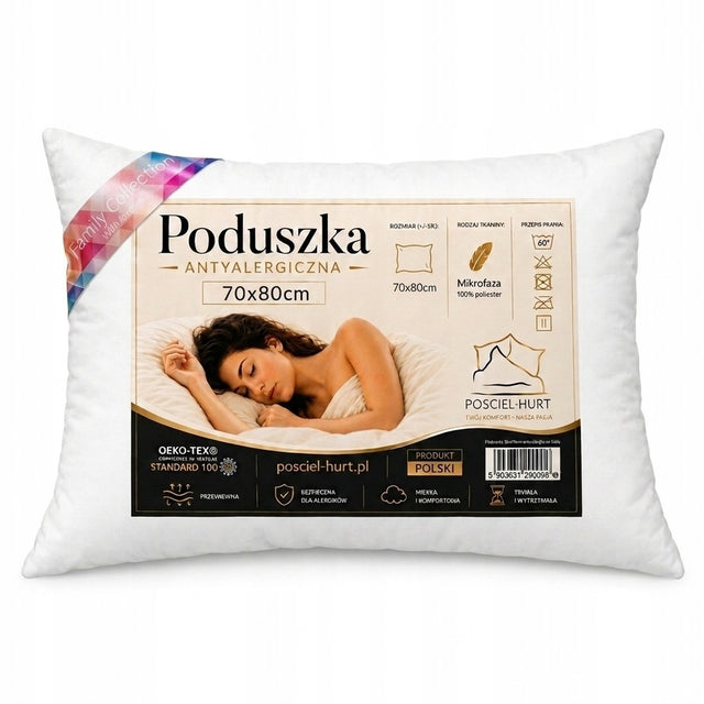 Poduszka 70x80cm Antyalergiczna biała wsad do poszewki Polski Producent MED jaś sypialniany wygodny certyfikat oeko-tex Standard 100