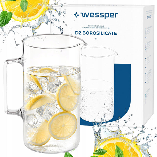 Szklany dzbanek żaroodporny Wessper D2 borosilicate 3 l do napojów karafka na wodę i sok, można myć w zmywarce do herbaty lemoniady i zimnych napojów