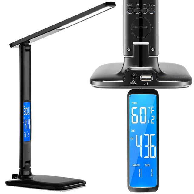 Lampka biurkowa LED lampa na biurko szkolna regulowana zegar data dotykowa ściemniana czarna, do czytania, wysokość 34 cm, zasilanie sieciowe