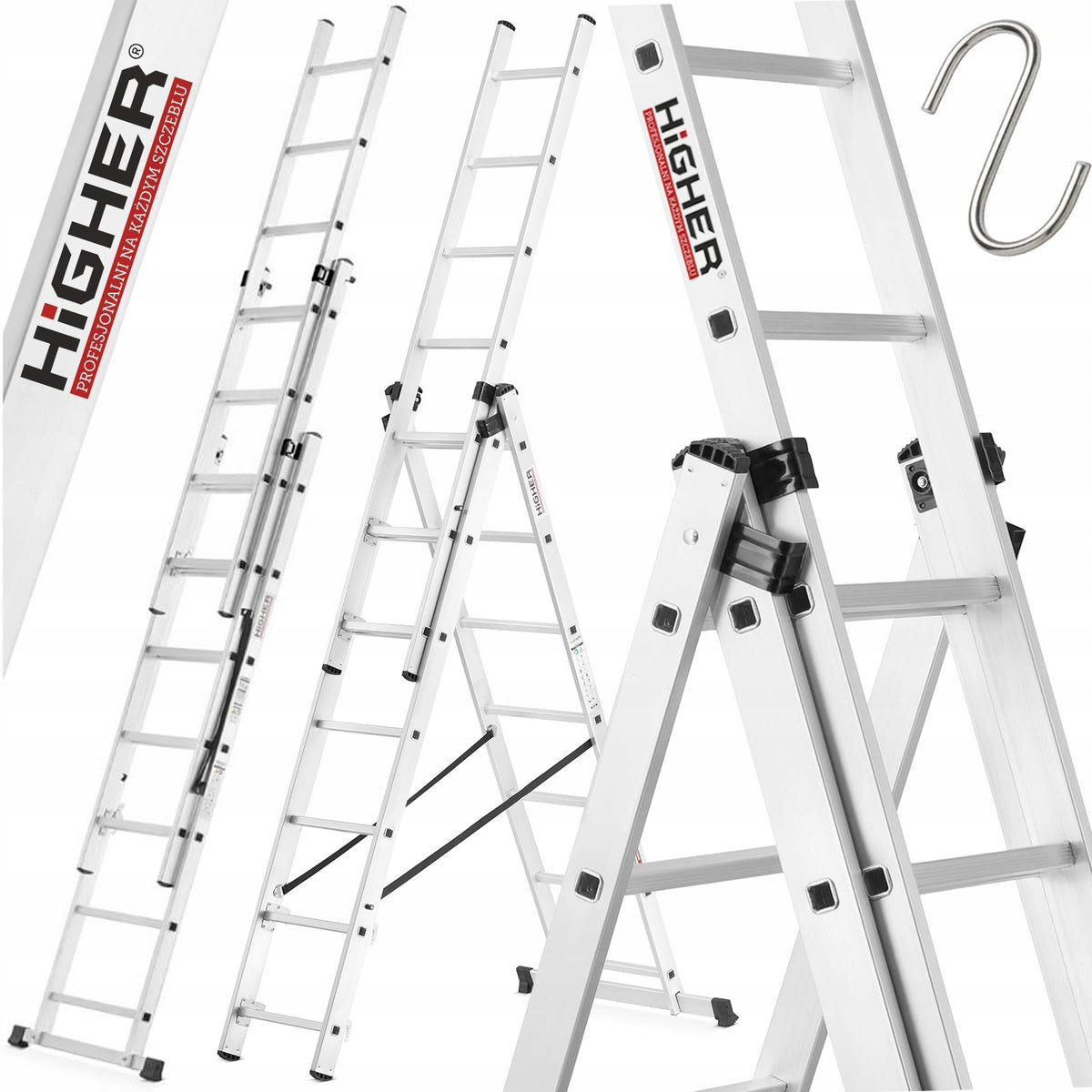 Drabina aluminiowa 3x7 wielofunkcyjna na schody higher 5,60m 150kg robocza do prac remontowych i budowlanych, wysokość