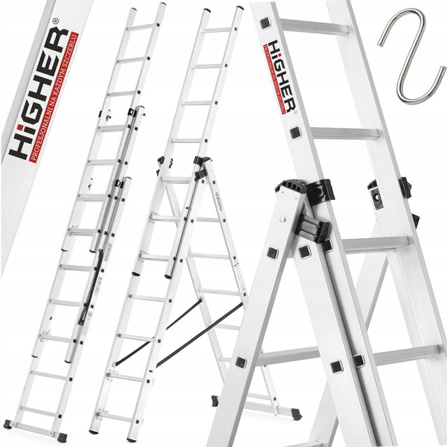 Drabina aluminiowa 3x7 wielofunkcyjna na schody higher 5,60m 150kg robocza do prac remontowych i budowlanych, wysokość robocza 4,5 m, 21 szczebli