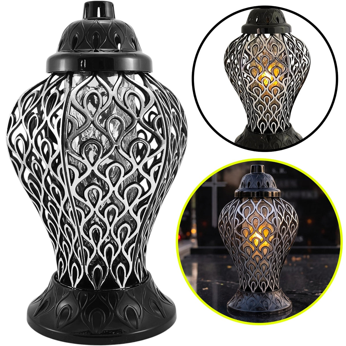Duży znicz ażurowy na grób lampion czarno-srebrny 36 cm na cmentarz LED, dekoracja nagrobna, światło pamięci, ozdoba